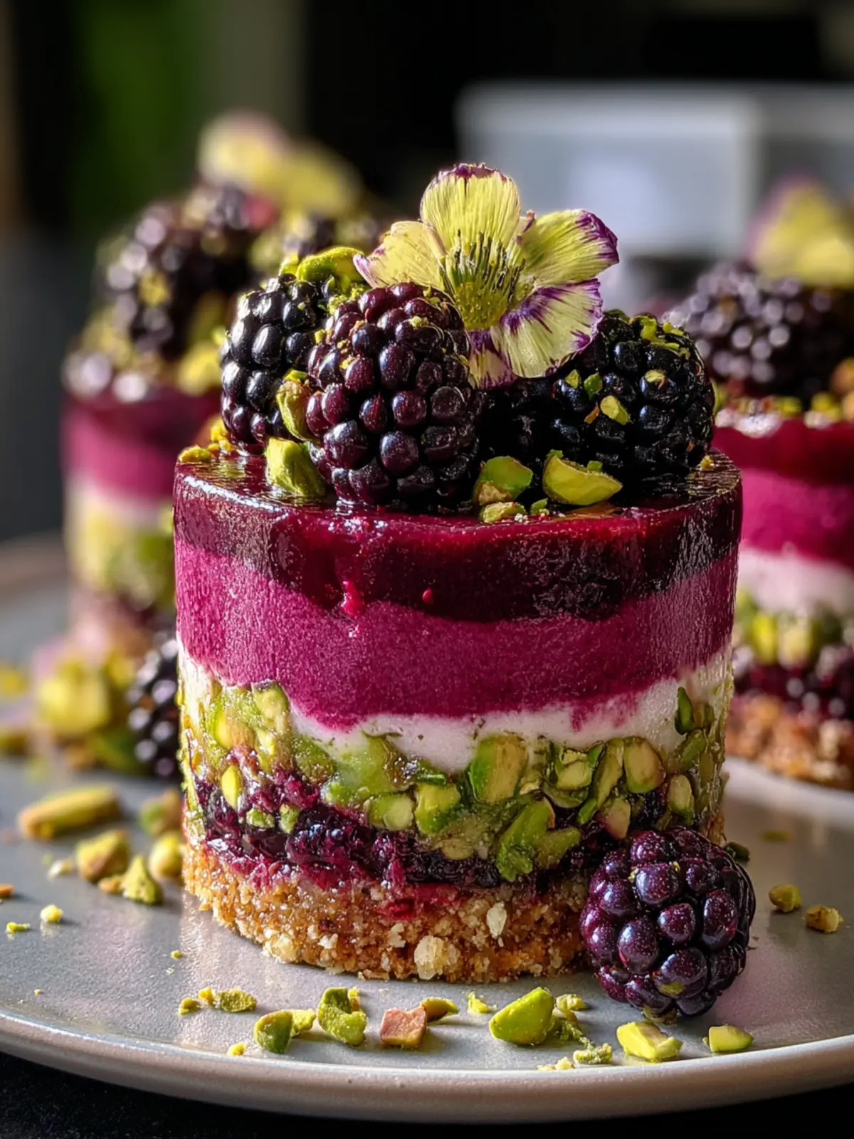 Pistachio Blackberry Cheesecake Towers Recipe First Image