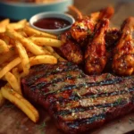 Grilled Steak with Crispy Fries and BBQ Chicken Wings First Image