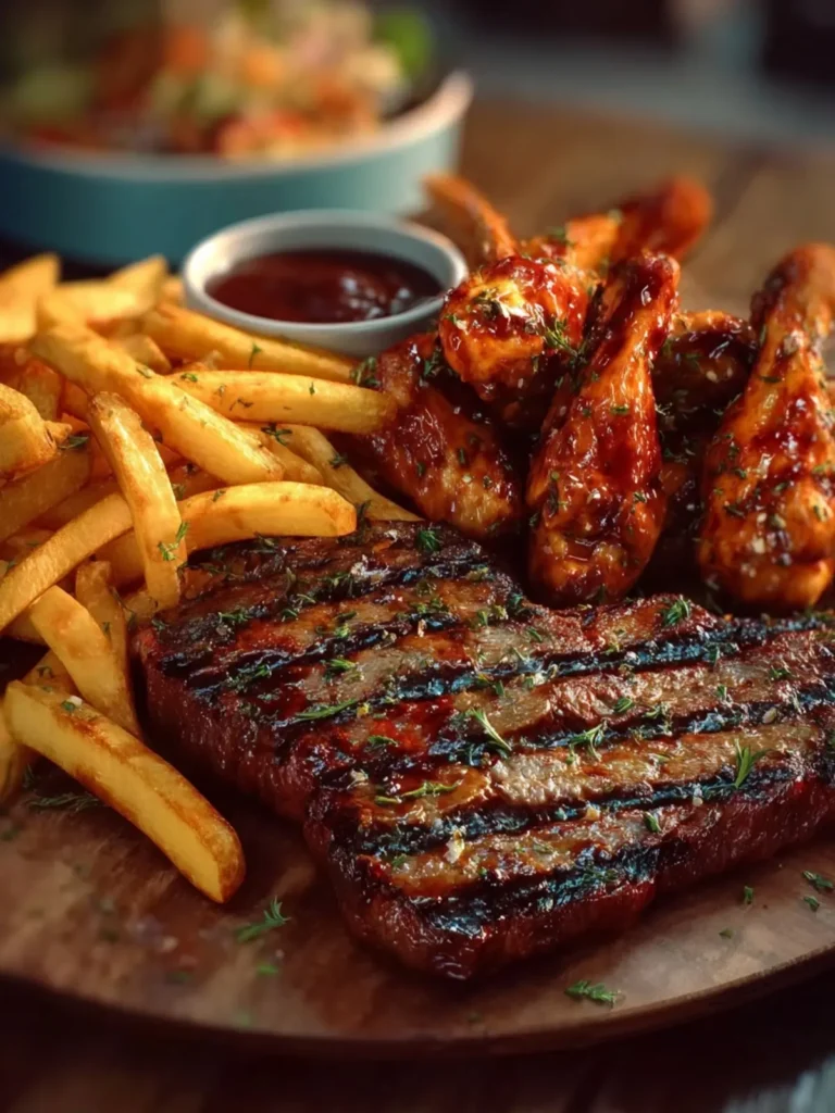 Grilled Steak with Crispy Fries and BBQ Chicken Wings First Image